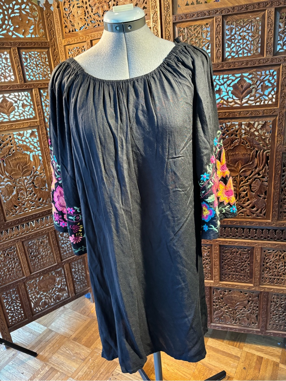 Black Midi Dress with Colorful Embroidered Sleeves